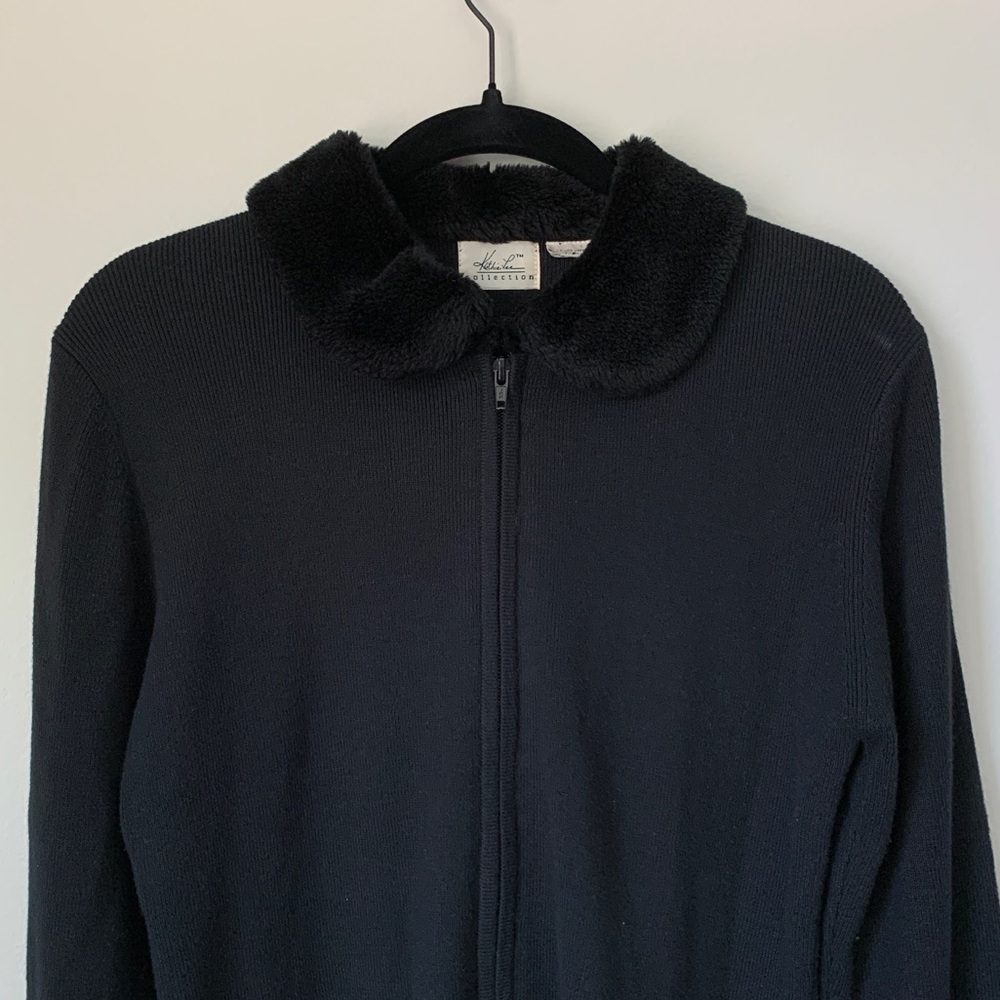 kathie lee collection black fur collar zip up